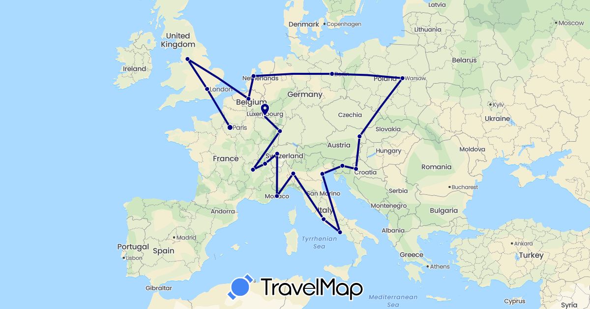 TravelMap itinerary: driving in Austria, Belgium, Switzerland, Germany, France, United Kingdom, Croatia, Italy, Luxembourg, Monaco, Netherlands, Poland, Slovenia, Vatican City (Europe)